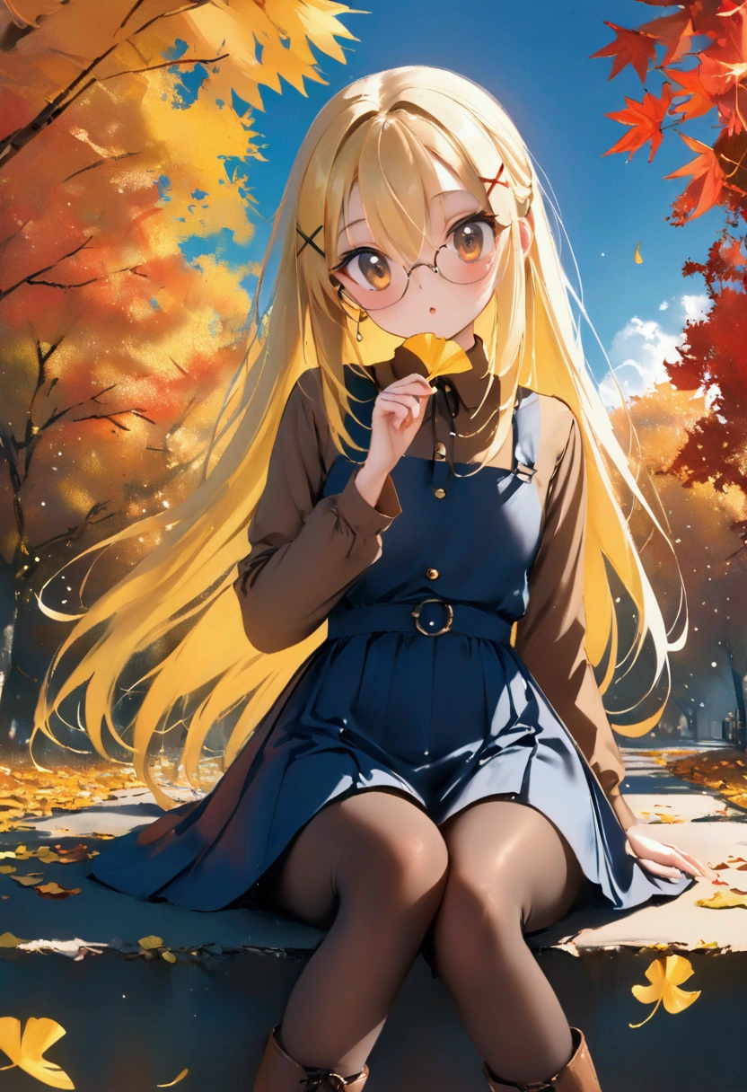 masterpiece,best quality,high quality,(colorful),[Artist miwano rag],[Artist toosaka asagi],[Artist wlop],[Artist chen bin],loli,1girl, 独奏, autumn leaves, long hair, outdoors, leaf, autumn, blonde hair, sitting, holding leaf, holding, looking at viewer, hair ornament, tree, long sleeves, bangs, x hair ornament, dress, pantyhose, day, plaid, shirt, parted lips, ginkgo leaf, blush, brown eyes, boots, very long hair, falling leaves, maple leaf, blue dress, between legs, brown pantyhose, hairclip, pinafore dress, brown shirt, hand between legs, sky, feet out of frame, brown footwear, floating hair.Glasses