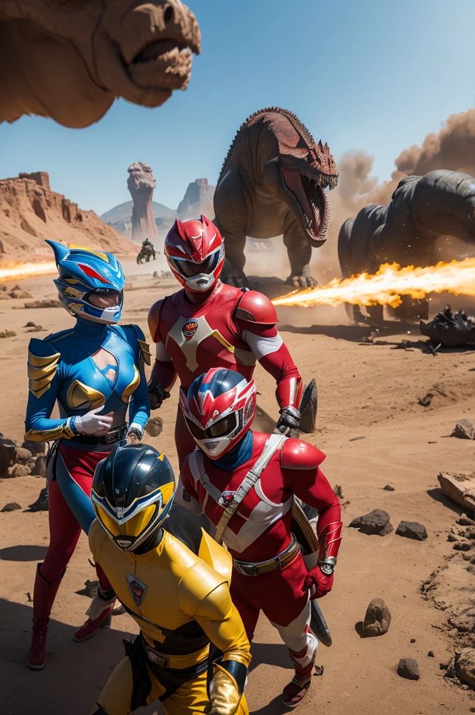 three 3 people, two men and a woman, com roupas de power rangers, a red, one blue, a yellow, dressed in a power rangers outfit and helmet, in the background several explosions and with dinosaurs and dragons, the environment is all destroyed and full of dust around.