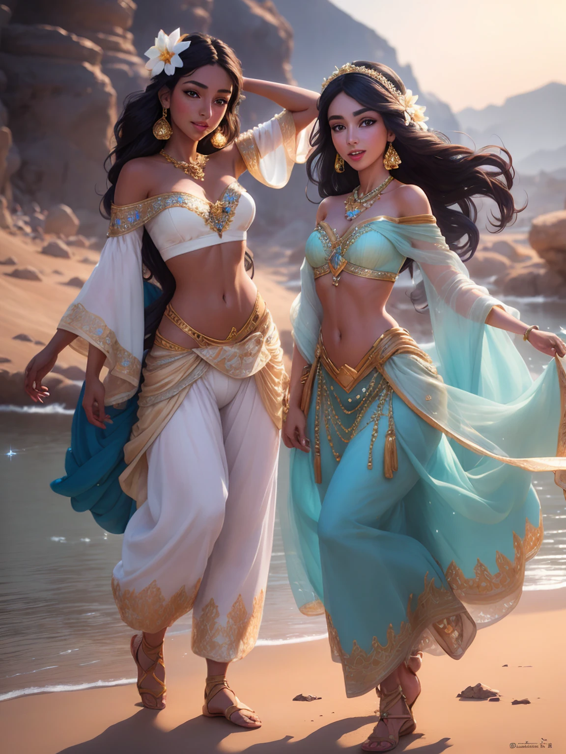 ((Full body photo,standing, feet on the ground)) jasmine 2girl, ballet shoeas, breasts, smile, open mouth, navel, holding, bare shoulders, jewelry, flower, earrings, midriff, pants, necklace, off shoulder, bracelet, see-through, white flower, gem, off-shoulder shirt, holding flower, multi-tied hair, arabian clothes (realistic:1.2), (realism), (masterpiece:1.2), (best quality), (ultra detailed), (8k, 4k, intricate),(full-body-shot:1), (85mm),light particles, lighting, (highly detailed:1.2),(detailed face:1.2), (gradients), sfw, colorful,(detailed eyes:1.2)(detailed background),detailed landscape, (dynamic angle:1.2), (dynamic pose:1.2), (rule of third_composition:1.3), (Line of action:1.2)