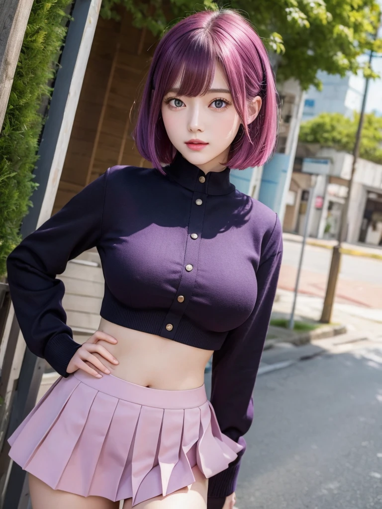 (Highest quality, 16K, masterpiece:1.55), Ultra detailed face, Detailed lips, Detailed eyes, double eyelid,
BREAK smile, upper body, (Seductive pose:1.6), (high angle shot, dutch angle, dynamic angle),
BREAK 1girl, solo, 18 years old, (large Breasts:1.2), Svelte Body, (big hips:1.2),
BREAK BREAK pink skirt, military uniform, short hair, ahoge, black thighhighs, red hair, purple eyes, purple hair, long sleeves, middle breasts
BREAK outdoor, road,, shrinebackground,