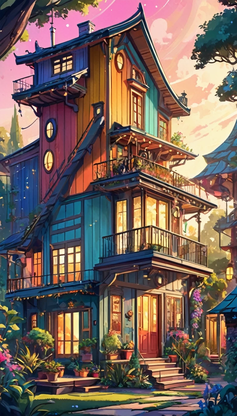 A beautiful house, big, spaceus, modern, (masterpiece best quality:1.2) delicate illustration ultra-detailed, (disney-related event) detailed background, illustrations, bright, colourful,