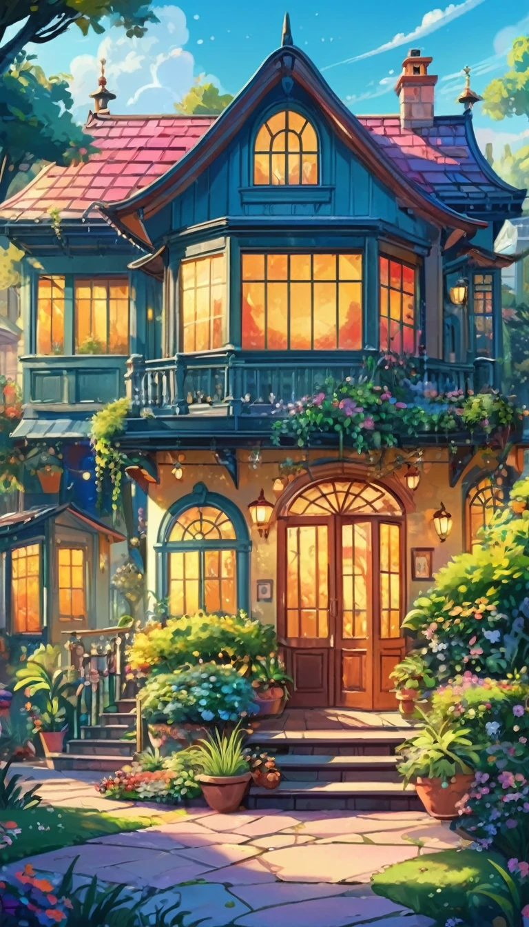 A beautiful house, big, spaceus, modern,  (masterpiece best quality:1.2) delicate illustration ultra-detailed,  (disney-related event) detailed background, illustrations, bright, colourful, 