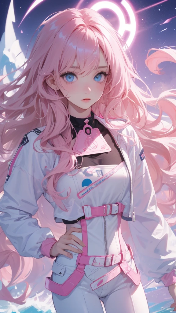 big hair, curly hair, pink  hair; break; blue eyes, rosto angelical, gorgeous face, blushed face; rosto ultra detaild; break ; pink and white jacket, black leggings, brown leather high boots, choker ; break ; (best qualityer), ((ultra detaild)), (best resolution, ( 4K ) soft strokes, role model, work of art, closes 