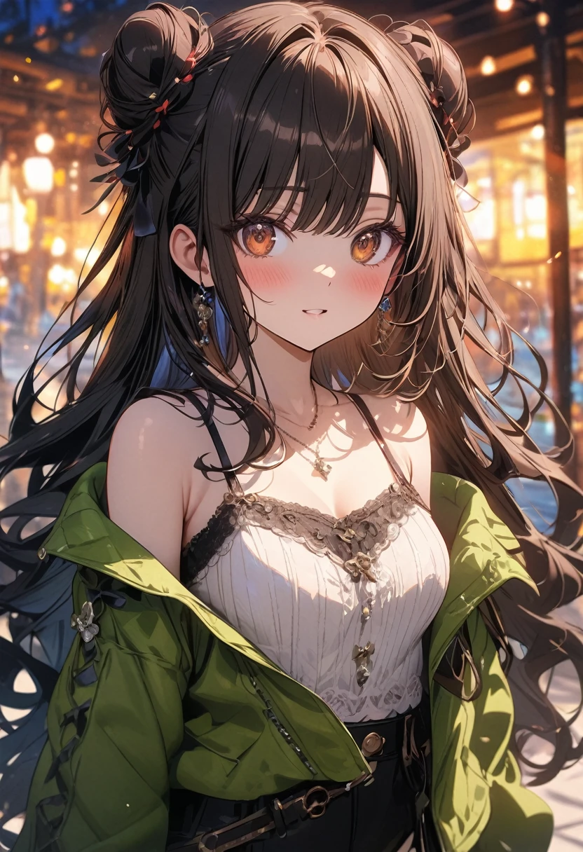 (masterpiece), best quality, very aesthetic, newest, absurdres, detailed, high quality
BREAK
highest quality, top quality, details, highres, ultra fine painting, digital art, official art, cinematic, 4k, 8k resolution, 8K CG wallpaper, CG, original artwork, detailed background, colorful background, blue atmosphere, High Dynamic Range, blurry background, blue hour, Starburst effects, crepuscular rays, good ISO, high resolution, wide shot, from far away, RAW photo, POV, sharp focus, light reflection, reflections, intricate details, soft light, particle noise, professional photography, bokeh, depth of field, natural lighting, vibrant colors, looking away, detailed lights and shadows, stylish, ultra-detailed, top rated on Pixiv, trending on Artstation, niji style, modern-days, master crafted, pose
BREAK
solo, (close up), 1girl, pale skin, correct fingers, detailed hand, (breasts:1.2), big thighs, small torso, short body, flushtered, blush, anxious expression, embarassed, embarassed act, casual, slim, ((cute, childlike face):1.3), nice body, nice hips, brown hair, (very long flowing hair, 2 buns hairstyle), long bangs, long hair, middle hair bangs, brown eyes
BREAK
(black straps tank top, off shoulder open green hoodie, modest) 
BREAK
apartment room background