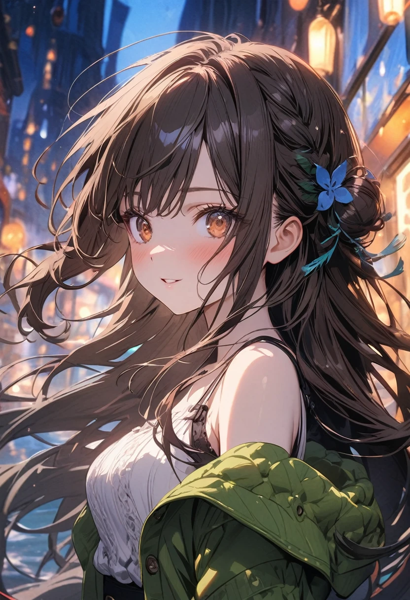(masterpiece), best quality, very aesthetic, newest, absurdres, detailed, high quality
BREAK
highest quality, top quality, details, highres, ultra fine painting, digital art, official art, cinematic, 4k, 8k resolution, 8K CG wallpaper, CG, original artwork, detailed background, colorful background, blue atmosphere, High Dynamic Range, blurry background, blue hour, Starburst effects, crepuscular rays, good ISO, high resolution, wide shot, from far away, RAW photo, POV, sharp focus, light reflection, reflections, intricate details, soft light, particle noise, professional photography, bokeh, depth of field, natural lighting, vibrant colors, looking away, detailed lights and shadows, stylish, ultra-detailed, top rated on Pixiv, trending on Artstation, niji style, modern-days, master crafted, pose
BREAK
solo, (close up), 1girl, pale skin, correct fingers, detailed hand, (breasts:1.2), big thighs, small torso, short body, flushtered, blush, anxious expression, embarassed, embarassed act, casual, slim, ((cute, childlike face):1.3), nice body, nice hips, brown hair, (very long flowing hair, 2 buns hairstyle), long bangs, long hair, middle hair bangs, brown eyes
BREAK
(black straps tank top, off shoulder open green hoodie, modest)
BREAK
apartment room background