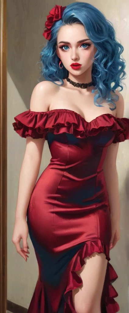 (Full body:1.5),(Masterpiece, professional lighting, 16k, 8k wallpaper, raw p(Full body:1.5),(Masterpiece, professional lighting, 16k, 8k wallpaper, raw photo, photorealistic:1.8, ultra detailed, soft natural lighting, detailed skin, detailed face, detailed eyes, textured skin, ),((ultra realistic))) Photo, masterpiece, superior quality, , (Ultra detailed face and eyes:1.0), (25 year old woman), (1beautiful girl), ((intense eye makeup, pink mascara)), ((fake detailed lips)), ((with bright red lipstick and well defined eyes)), ((wavy blue hair)), ((elegant hairstyle)) She is dressed in a fitted, low-cut bluek satin gown with ruffled detailing along the neckline and hemline. slit, revealing black fishnet stockings. ((Off-the-shoulder evening dress with attention to detail)), Brightly coloured suits, ruffled trims, Braided high heels, a necklace, Glamorous accessories, hoto, photorealistic:1.8, ultra detailed, soft natural lighting, detailed skin, detailed face, detailed eyes, textured skin, ),((ultra realistic))) Photo, masterpiece, superior quality, , (Face and eyes ultra detailed:1.0), (25 year old woman), (1beautiful girl), ((heavy eye makeup, pink mascara)), ((fake detailed lips)), ( with bright red lipstick and well-defined eyes),((wavy blue hair)), ((elegant hairstyle)) , She is dressed in a fitted, low-cut red satin dress with ruffled details along the neckline and hem. The dress has a high side slit, revealing black fishnet stockings. Its right arm is adorned with a fishnet sleeve, Translated with DeepL.com (free version)
Translated with DeepL.com (free version)
