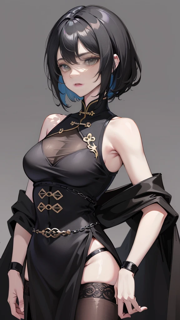 Masterpiece, Best quality, 1 Female, Mature Woman, Elder Sister, Royal Sister, Cold Face, strong, green eyes, wolfcut short hair, smoky mix black color hair, resolute eyes, simple black Taoist Taoist uniform, black accessories, one shoulderancient, Chinese mix morden, wear hair brooches, frontal photo, blank background, remove background