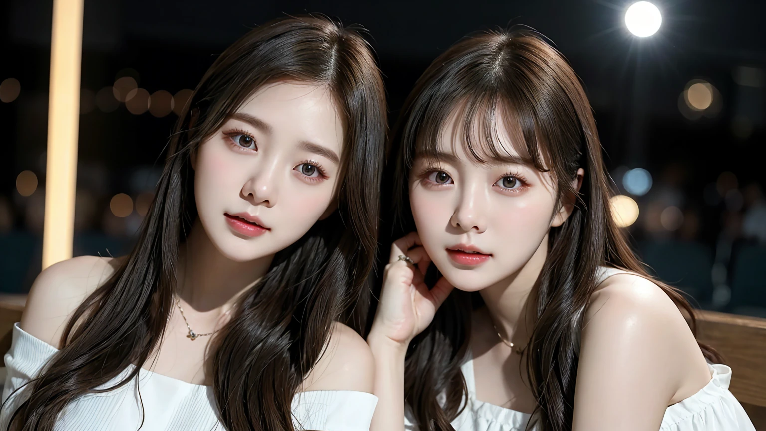 (3 girls)Korean girl, 20 years old, Korean idol pop star, beautiful face, beautiful eyes, face light(nighttime:1.1), (วอลล์เปเปอร์ CG unity 8k ที่มีรายVery detailed), (Masterpiece), (best quality), (Very detailed), (HDR:1.4), Long Hair, turn off_shoulder, see through, robber_shorts, (side_scream:0.6), charm, big_breast, audience's gaze, Take the whole body, perfect body proportions, perfect hand, perfect finger, professional shading, skins, ใบหน้าที่มีcharm, front view, Wit Studio indirect lighting, Amazing paintings, Best illustration performance, Masterpiece, Cute face, pearl, bright, Incandescent light bulb, white skin, nighttime_view_background with, มีcharm., sunlight, Face to face, blushing, water_earring, necklace, glove, Real hand, raise the level, Pec details, eye details,