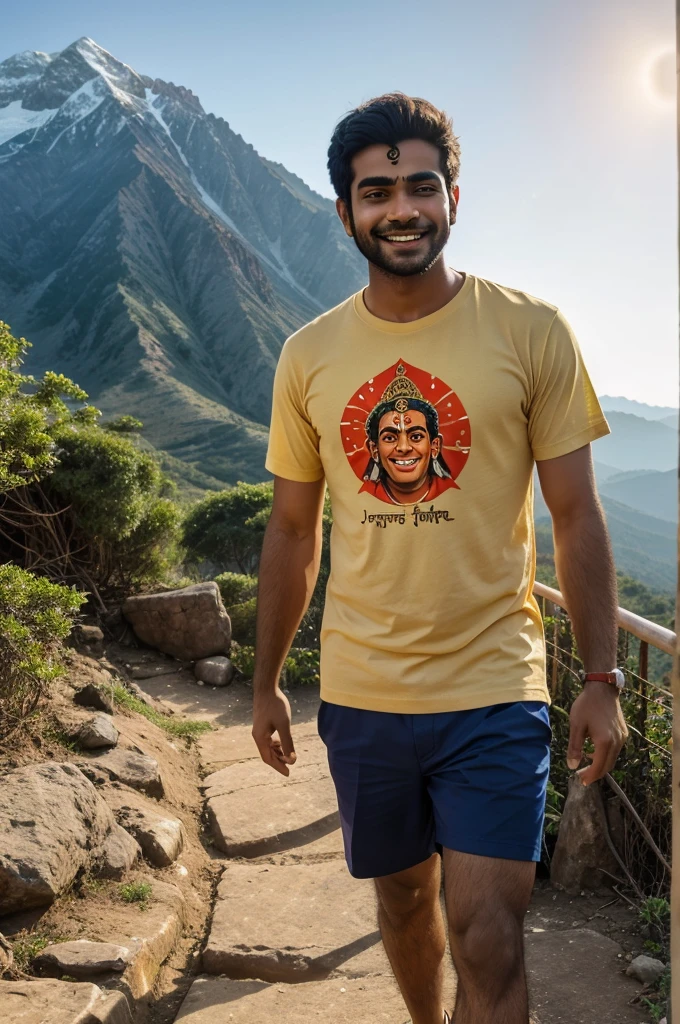 Create a image of ram mandir and a  naveen on shirt and blessing sreeram to naveen
