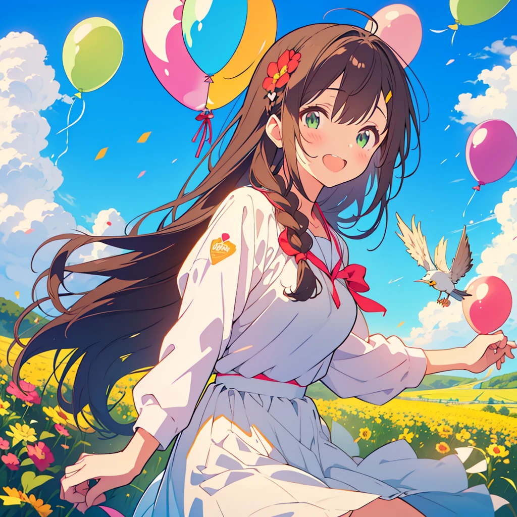 kawaii, anime, Cute, hyper quality, highly detailed, 8k, Clarity, dark brown long hair, smile, green eyes, verbena, colorful verbena flower field, verbena flower field, sit on a flowering hill, colorful balloons, balloons are flying in the sky, flower garden, morning dew, Shining light, particles of light, dazzling smile, Draw facial expressions in detail, Draw the eyes in detail, private clothes, A breeze flows, celebration, A large number of balloons fly into the sky, look up at the sky, A dynamic posture, balloon, clear blue sky, the bird flaps its wings, happy birthday, blue sky, clear sky, rainbow colored balloons, colorful balloons, release a large number of balloons into the sky, upper body, hold one's hand in the sky,