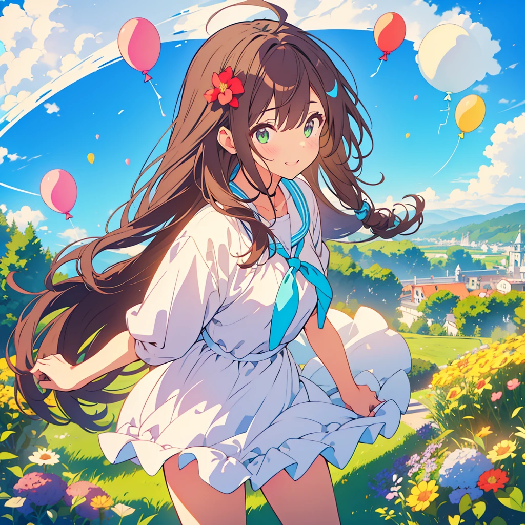kawaii, anime, Cute, hyper quality, highly detailed, 8k, Clarity, dark brown long hair, smile, green eyes, verbena, colorful verbena flower field, verbena flower field, sit on a flowering hill, colorful balloons, balloons are flying in the sky, flower garden, morning dew, Shining light, particles of light, dazzling smile, Draw facial expressions in detail, Draw the eyes in detail, private clothes, A breeze flows, celebration, A large number of balloons fly into the sky, look up at the sky, A dynamic posture, balloon, clear blue sky, the bird flaps its wings, happy birthday, blue sky, clear sky, rainbow colored balloons, colorful balloons, release a large number of balloons into the sky, upper body, hold one's hand in the sky,