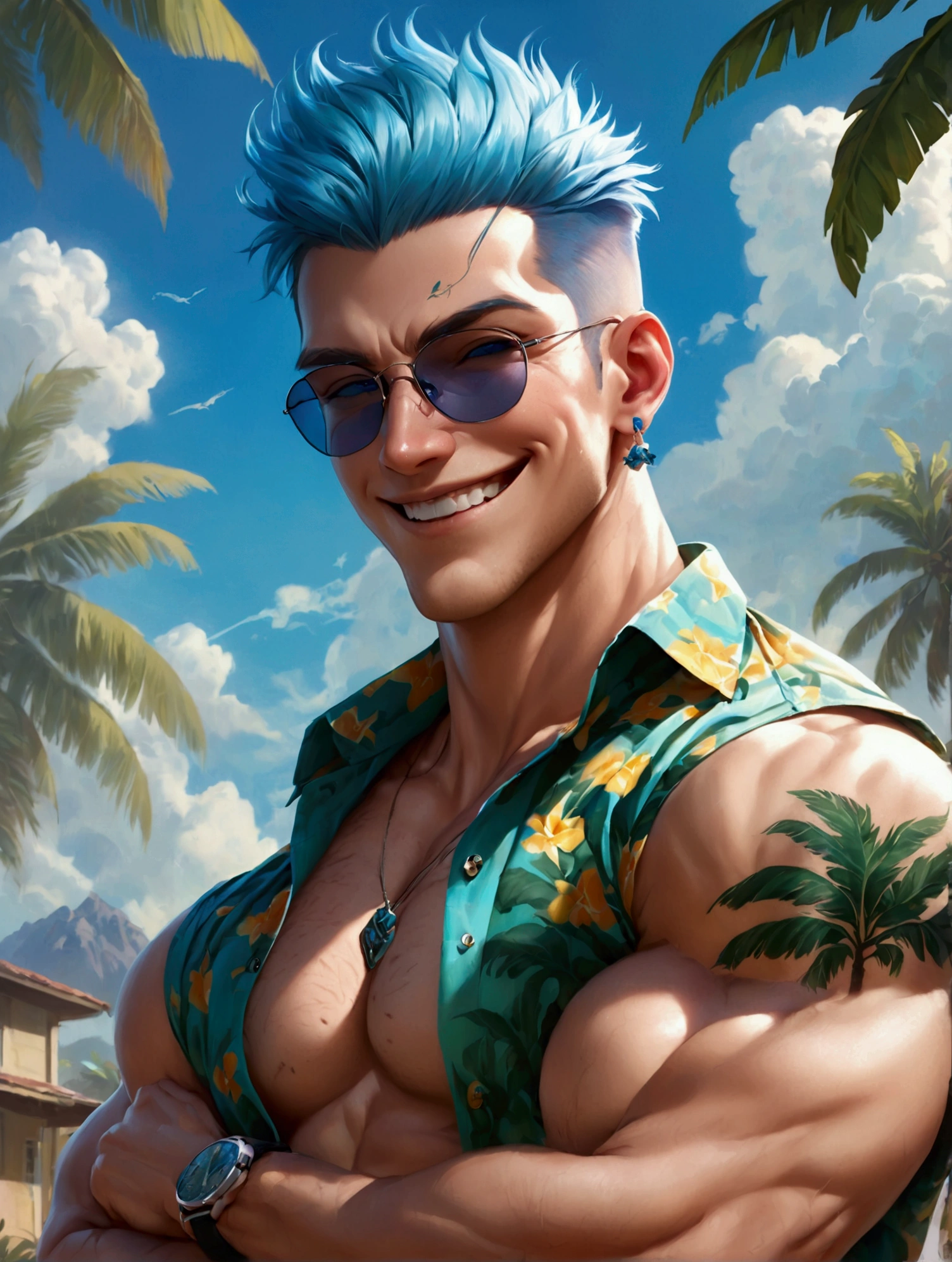 solo, looking at viewer, smile, short hair, shirt, 1boy, jewelry, blue hair, upper body, male focus, earrings, outdoors, open clothes, sky, teeth, solo focus, day, collared shirt, cloud, grin, tree, blue sky, open shirt, tattoo, muscular, facial hair, scar, crossed arms, abs, sunglasses, pectorals, muscular male, bara, large pectorals, watch, mature male, palm tree, stitches, hawaiian shirt