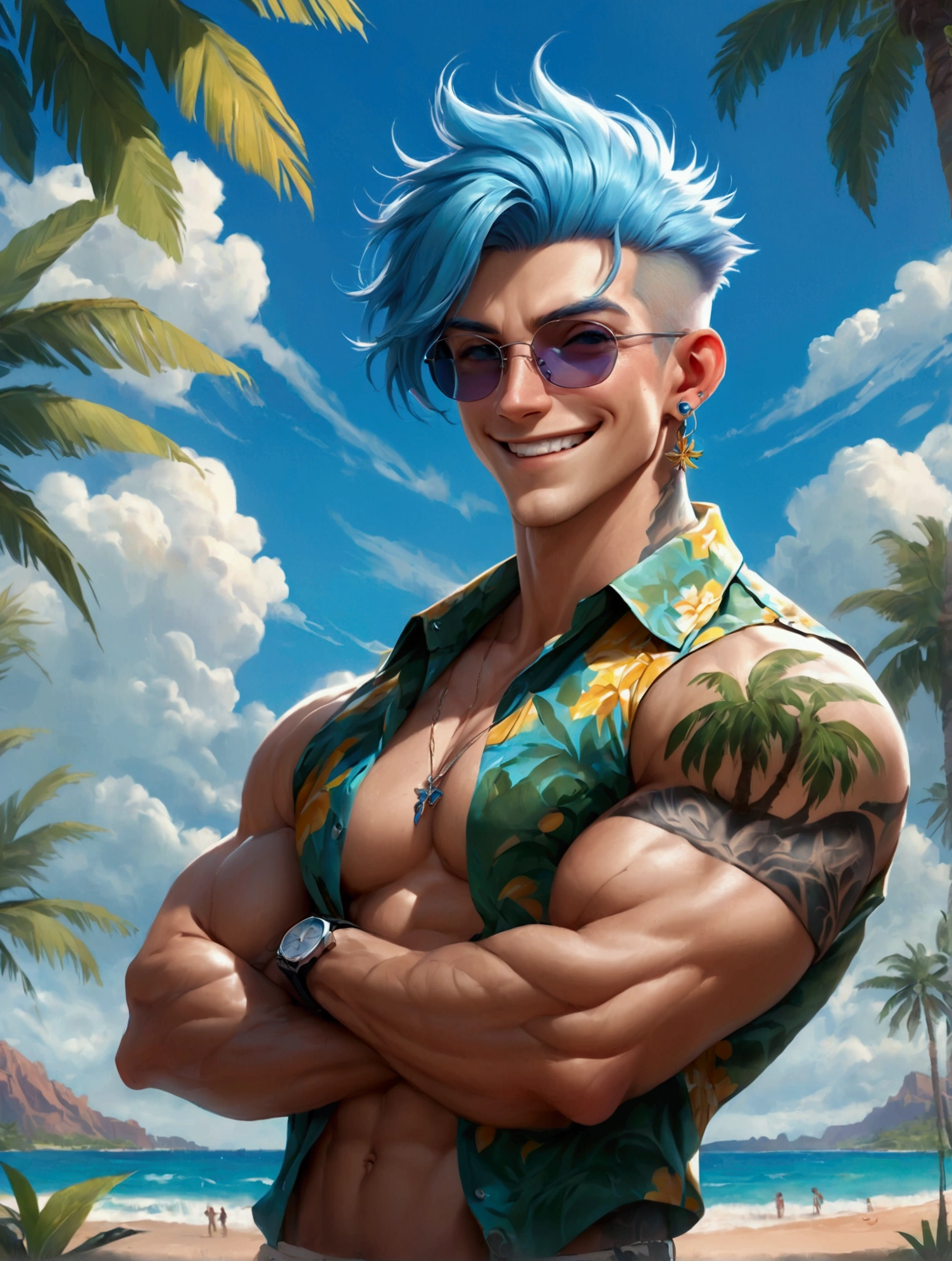 solo, looking at viewer, smile, short hair, shirt, 1boy, jewelry, blue hair, upper body, male focus, earrings, outdoors, open clothes, sky, teeth, solo focus, day, collared shirt, cloud, grin, tree, blue sky, open shirt, tattoo, muscular, facial hair, scar, crossed arms, abs, sunglasses, pectorals, muscular male, bara, large pectorals, watch, mature male, palm tree, stitches, hawaiian shirt