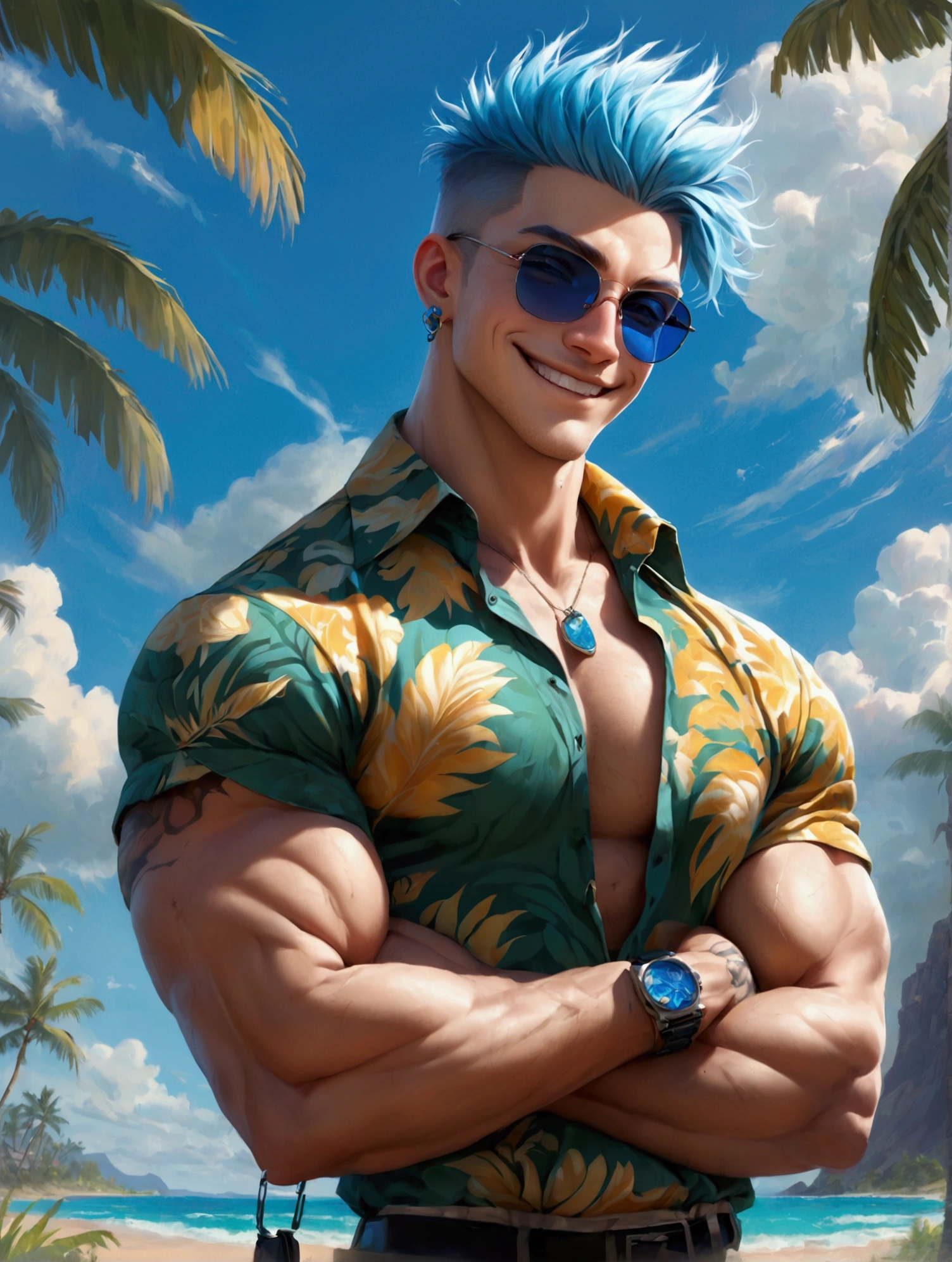 solo, looking at viewer, smile, short hair, shirt, 1boy, jewelry, blue hair, upper body, male focus, earrings, outdoors, open clothes, sky, teeth, solo focus, day, collared shirt, cloud, grin, tree, blue sky, open shirt, tattoo, muscular, facial hair, scar, crossed arms, abs, sunglasses, pectorals, muscular male, bara, large pectorals, watch, mature male, palm tree, stitches, hawaiian shirt