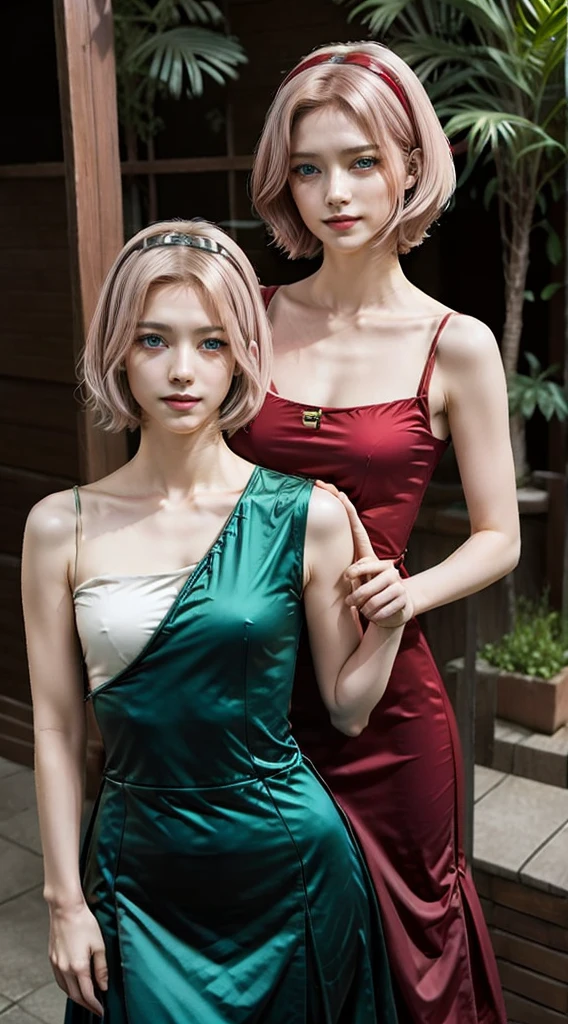 masterpiece, best quality, (realistic, photo-realistic: 1.4), (RAW photo: 1.2), extremely detailed, delicate and beautiful, amazing, fine details, official art, absurd, incredibly absurd, CG unit 8k wallpaper, huge file size, ultra-detailed green eyes and face, extremely detailed, light on face, sakura haruno, (smile), (hair: 1.4), (short hair: 1.6), (wearing tube top: 1, 5), nature,(small chest:1.3)