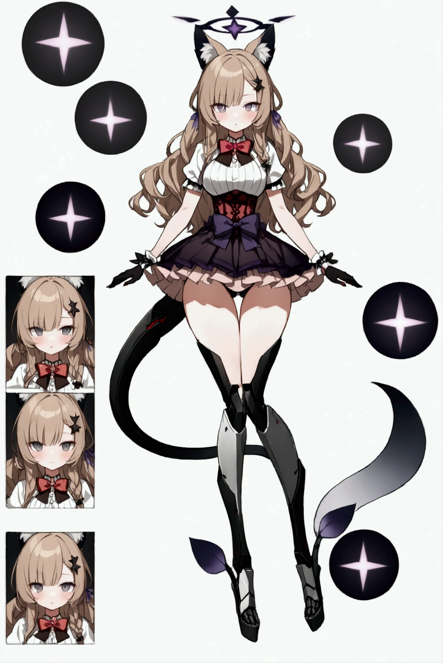 Woman 170cm tall, medium chest, wide hip, slim build, charming look, (dark blonde hair), ((hip length loose wavy hair, asymmetrical bangs, star hairpin)), (a short braid on the left and right side of the hair tied with an elegant purple ribbon), (small ribbons at the back of the hair), ((Gray eyes with a pink 4-pointed star in the pupil)), (two black fox ears located on the top of the head), (luminous black halo in the shape of a 4-pointed star on the head), ((It has a small black succubus tail that ends in the shape of a heart)), (((It has complex mechanical legs and feet that reach up to the thighs., The legs and feet are dark gray with small burgundy and black details.))), (elegant thigh-length one-piece dress, small Vinotinto bowtie on the neck of the dress, white bust with vertical black lines, lace and ruffle skirt, short sleeves with ruffles, big bow on the back of the hip of the dress, ribbon decorations and star patterns on the dress), black ruffled gloves, Black platform heels, gray belt at the waist with a large ribbon with a luminous pink heart in the middle, black necklace with a heart pendant on the neck, (((character design sheet: front view))), ((whole body)), extremely detailed beautiful hair, beautiful detailed dress, extremely detailed arms, extremely detailed face, (Extremely detailed hands), perfect hands, small face, Beautiful detailed eyes, beautiful detailed lips, adorable, extremely detailed legs, (Best Quality, 8k, high resolution), ultra detailed, Exquisite and epic character art, ((White background)), (Focus on symmetry), (beautiful detailed succubus tail), (just a woman with no other elements in the image).