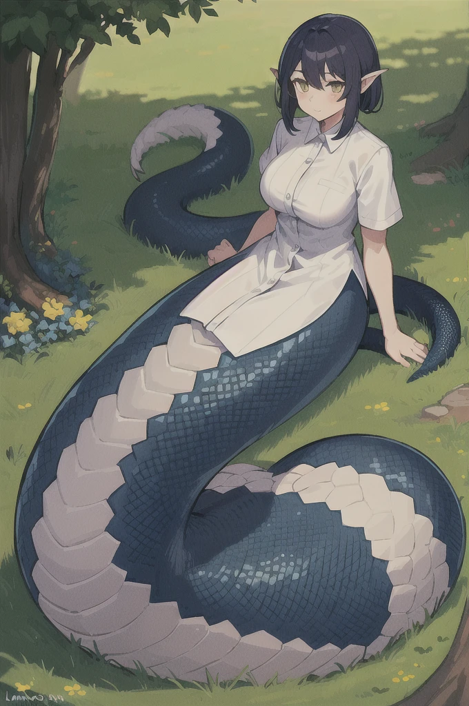 1 girl, Lamia, scales, White shirt, whole body, outdoor, ((naked)), ((visible pussy))