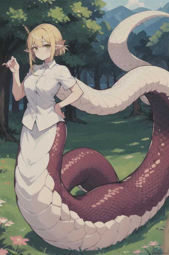 One girl, Lamia, scale, White shirt, whole body, Outdoor,Not too long a tail