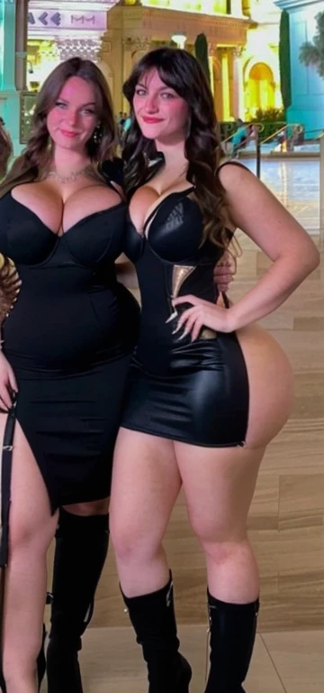 two women posing for a picture in a mall, Big tits, huge , no clothes, sexy, cute, wide hips, thick thighs, pear-shaped body, minimal clothes, thick, thick nipples, nipple piercings, large areola, hard nipples, piercing through shirt, nipples hard through shirt, busty, major cleavage, naked, ripping through top, spilling over sides, bra too tight, giant , dominatrix, dominatrix clothes, revealing clothes, ass so fat you can see it from the front, giant tits, huge ass from side, multiple girls, wide girls, 2 girls with huge tits naked, naked two girls