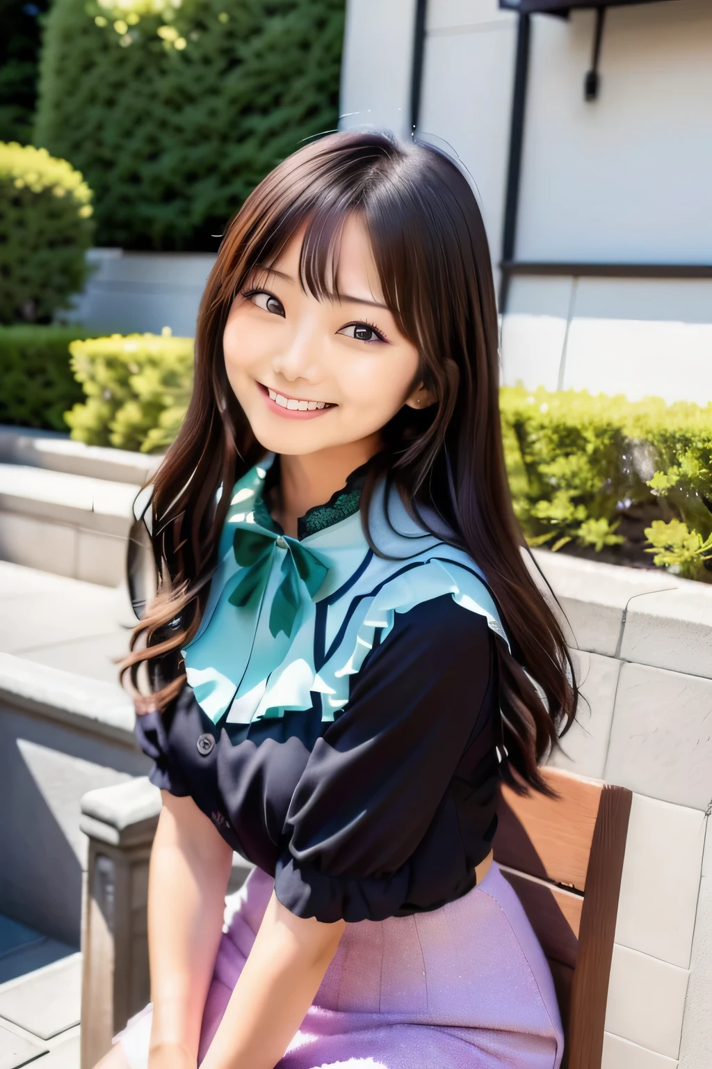 araffe asian woman sitting on a bench in a city, Yoshitomo Nara, Chiho, Korean Girls, Beautiful young Korean woman, Beautiful Japanese girl face, sakimi chan, Gorgeous Young Korean Woman, narumi kakinouchi, Girl cute beautiful face, Pastel colored outfits, Young and pretty Asian face, sakimichan, Face that faithfully reproduces the face of LoRA, High resolution, Very detailed, Natural Bangs, highest quality