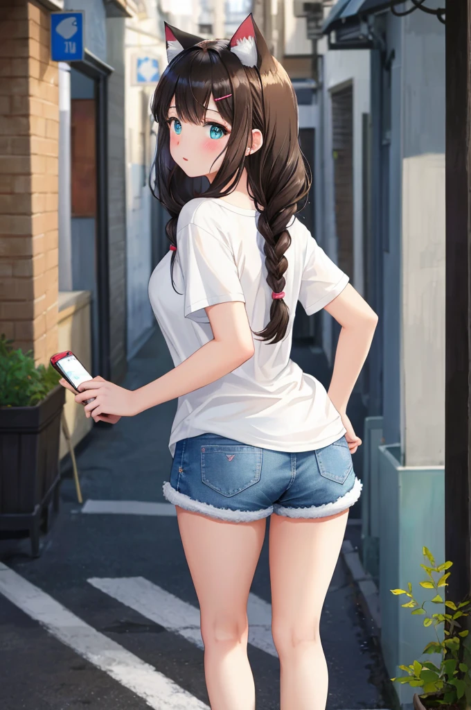 A cute girl walking in an alley, anime girl, outside, daylight, people on the street, she looks around the alley, she looks ahead, small white t-shirt, t-shirt printed with an "I love U" heart, jean shorts, mini shorts, tight sexy clothes, short white socks, black and white sports shoes, dark brown hair, bangs, french braid, long hair, side swept bangs, wavy hair, expressive hair, shiny hair, braided bangs, hairclip, headphones, cat hair ornament, aqua eyes, glowing eyes, pupils sparkling, cat ears, blush, bright pupils, serious, glossy lips, puckered lips, confused, big round breasts, nice round buttocks, slim waist, defined and full body, slim legs, beautiful thighs, hands on her waist, high detail, anime, cinematic lighting, image fill, from behind, from above, from side, seen at all angles from behind, wide shot, panorama, caustics, Wide-Angle, f/1.8, 85mm, Fujifilm, 8k, super detail, UHD, retina, masterpiece, accurate, anatomically correct, textured skin, highres, best quality