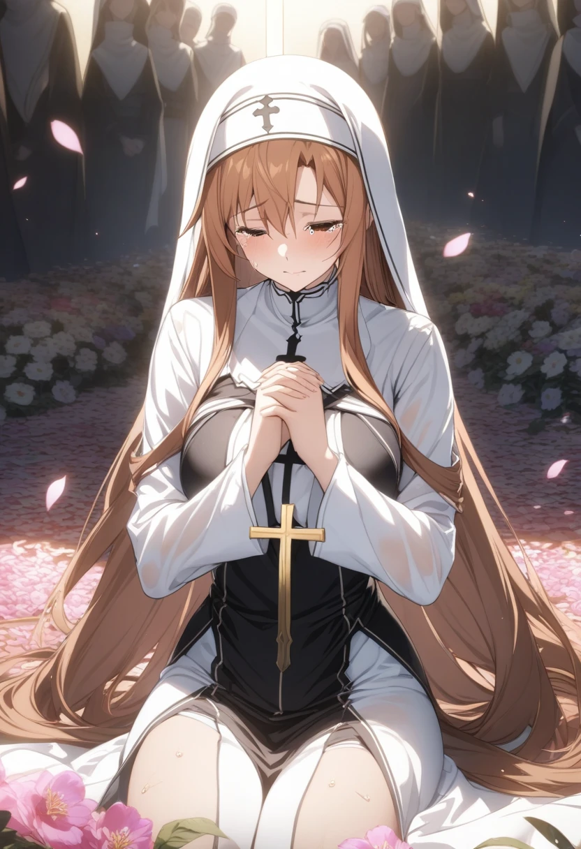 masterpiece, best quality, very aesthetic, absurdres, 1girl, mature_lady,nun_clothes,black_and_white_clothes, nun_headcovering crucifix, praying, interlocked fingers,closed_eyes,tears_in_eyes, head down,holy_light ,bathed in divine light,,asuna_(sao), sword_art_online, brown_eyes, brown_hair, long_hair, very_long_hair, braid, french_braid,,in hell,surrounding by flowers,falling_petals, petals,,wet_clothes