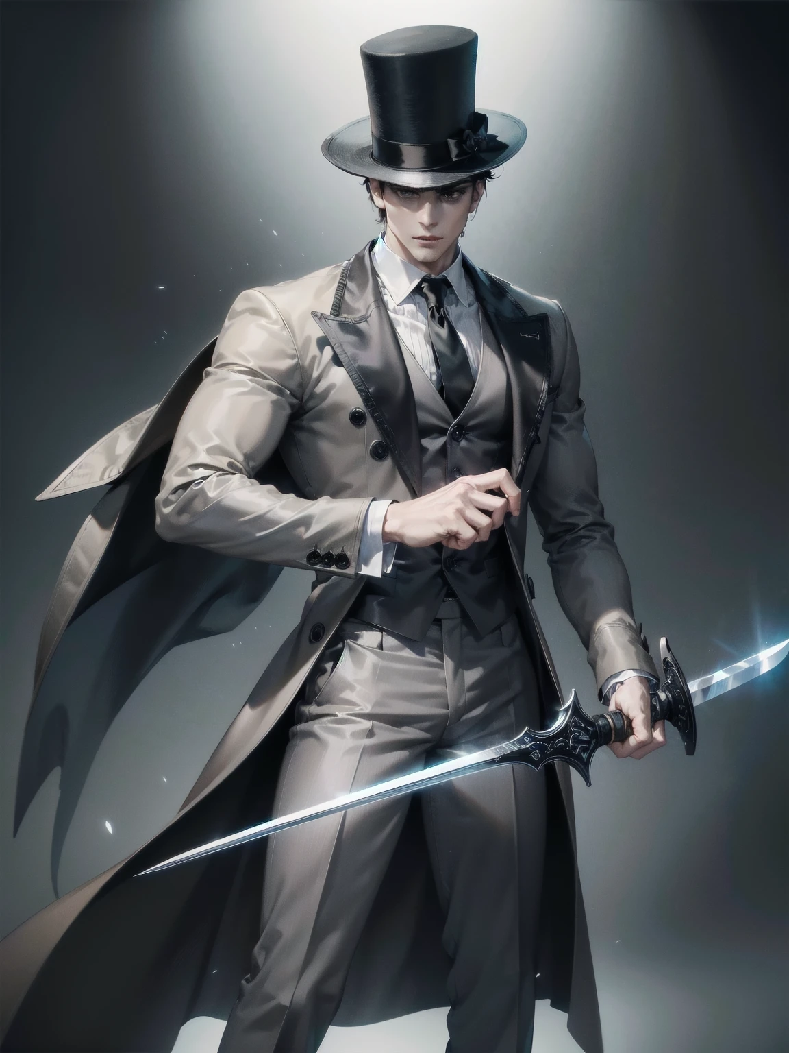 Masterpiece, Superior image quality, high resolution, 4k image, man, standing ,short black hair ,White skin, black eyes, very detailed eyes, tall height, muscled body, wielding a sword with the right hand, gray top hat, long gray trench coat, brown pants, dark forest, at night, fog atmosphere