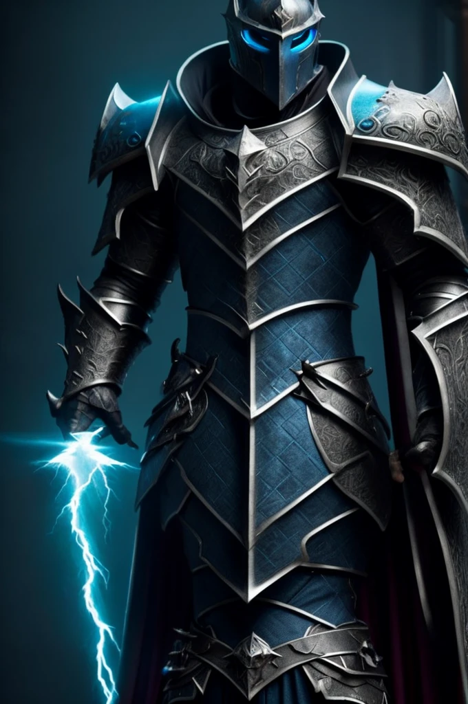 Knight, man, no girls, dark armor imbued with blue flames, holding a mass ornamented with lightning