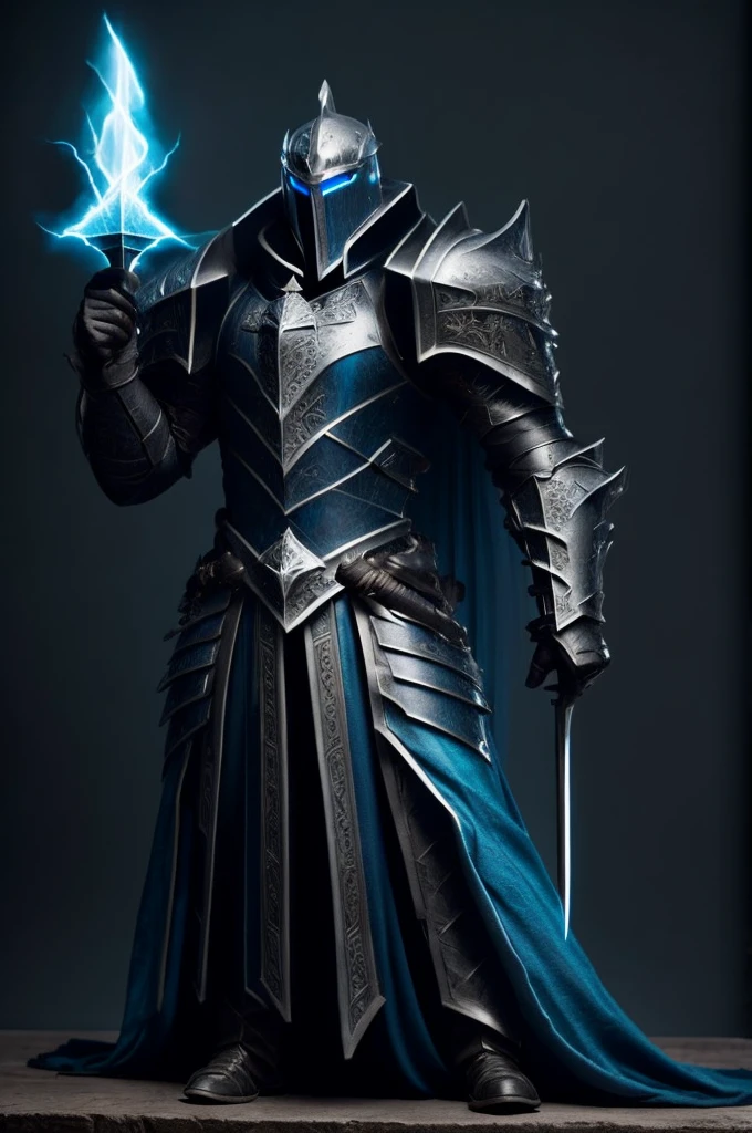 Knight, man, no girls, dark armor imbued with blue flames, holding a mass ornamented with lightning