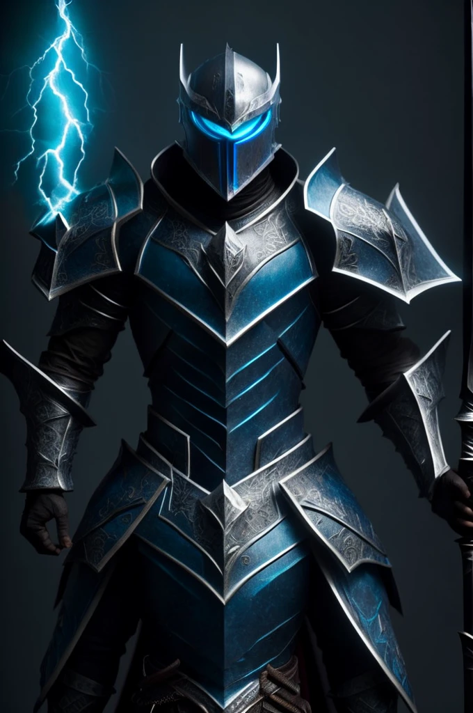 Knight, man, no girls, dark armor imbued with blue flames, holding a mass ornamented with lightning