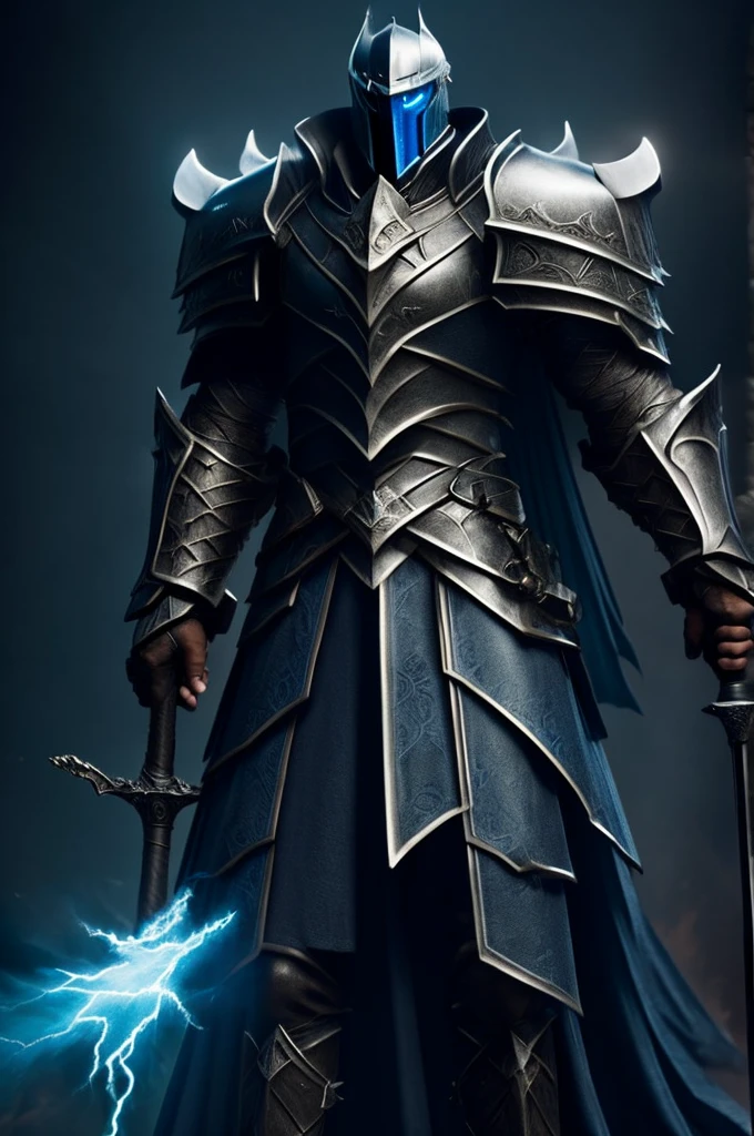 Knight, man, no girls, dark armor imbued with blue flames, holding a mass ornamented with lightning