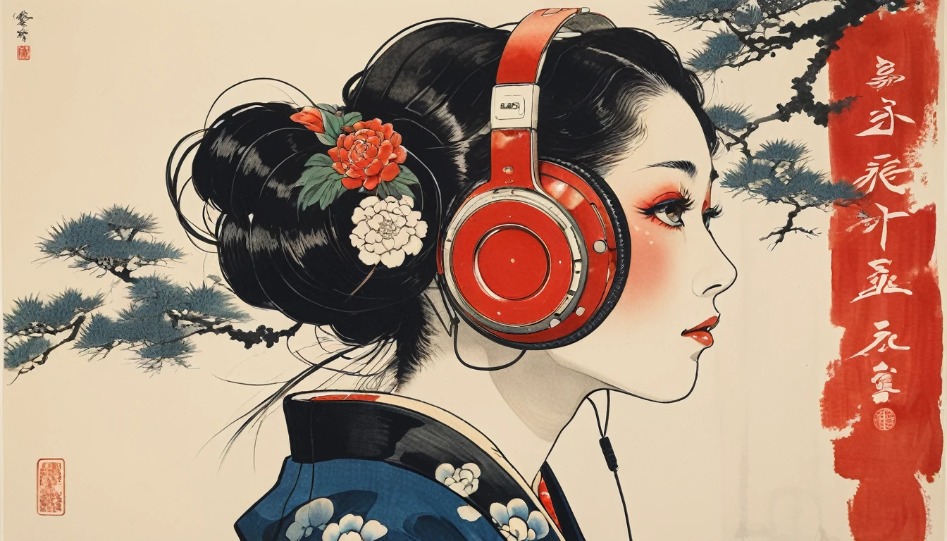 Japanese design haori, smooth, long black hair,  Katsushika Hokusai, ink painting, japanese style headphones, practice martial arts, modern ukiyo-e style, red eyes