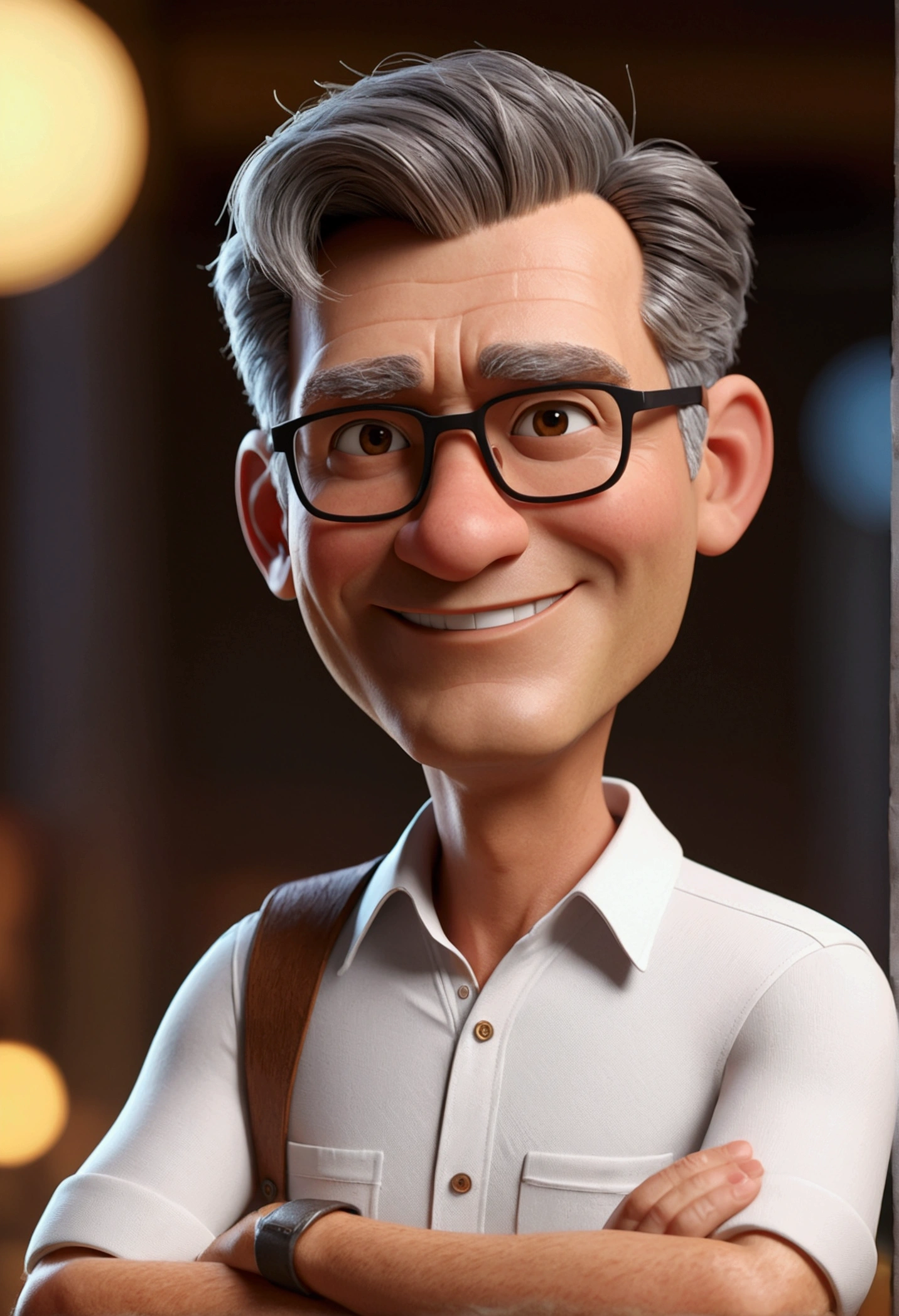 Cartoon character of a man with short gray hair, approximately 60 years old, smiling with arms crossed and white shirt, can aside commercial photo style, an animated character, stylized character, animation style rendering, 3d stylized, Arnold Maya rendering, Stylized 3D rendering, toon render screenshot, 3d character, 3d character, Stylized 3D rendering, 3D character rendering, cartoon character, Personagem de close up, character posing, (Pixar-style) (master part:1.2) (bokeh) (best qualityer) (skin detailed) (detailed texture) (8k) (Argilla) (cinematic lighting) (sharp focus，Sit down and lift your upper body