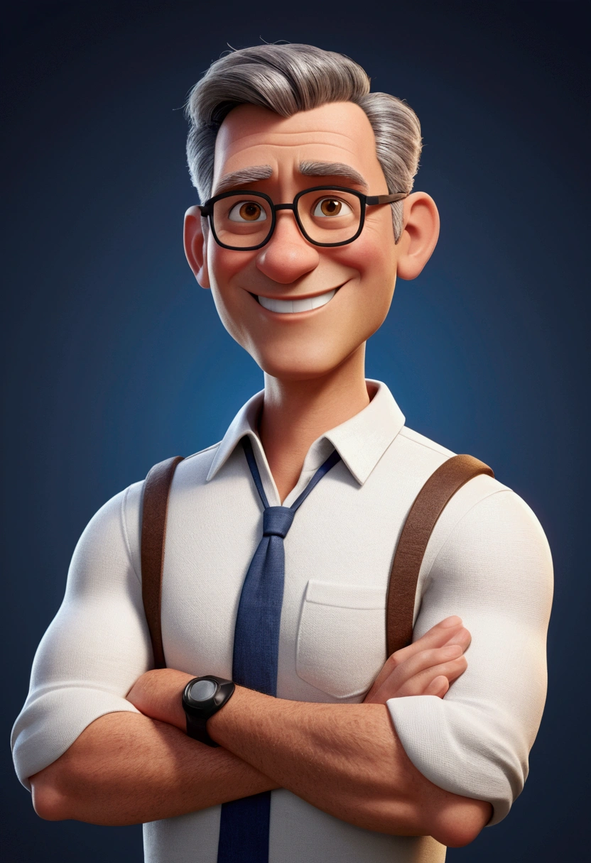 Cartoon character of a man with short gray hair, approximately 60 years old, smiling with arms crossed and white shirt, can aside commercial photo style, an animated character, stylized character, animation style rendering, 3d stylized, Arnold Maya rendering, Stylized 3D rendering, toon render screenshot, 3d character, 3d character, Stylized 3D rendering, 3D character rendering, cartoon character, Personagem de close up, character posing, (Pixar-style) (master part:1.2) (bokeh) (best qualityer) (skin detailed) (detailed texture) (8k) (Argilla) (cinematic lighting) (sharp focus,Sit down and lift your upper body