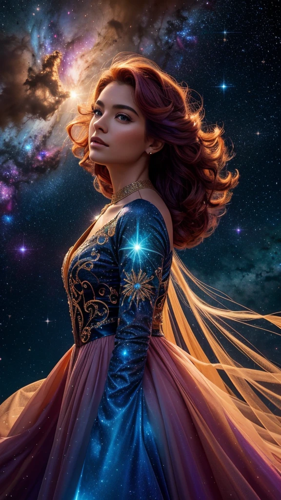 Envision a celestial being, a woman whose dress and hair are made of cosmic elements, standing on a cliff against a backdrop of the starry night sky. Her gown flows and undulates with the vibrant colors of a nebula, blending fiery oranges, reds, and yellows with the deep blues and purples of the cosmos. Her hair is windswept and intermingles with the stars, giving the impression that she is one with the universe. The scene is ethereal and otherworldly, with the figure outlined by the luminescent glow of stardust and cosmic energy. The mood is one of awe and the sublime beauty of the universe, captured in a single, breathtaking moment. by Skyrn99, high detail, high quality, high resolution