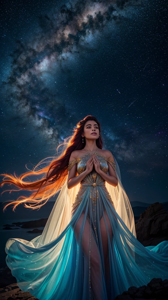 Envision a celestial being, a woman whose dress and hair are made of cosmic elements, standing on a cliff against a backdrop of the starry night sky. Her gown flows and undulates with the vibrant colors of a nebula, blending fiery oranges, reds, and yellows with the deep blues and purples of the cosmos. Her hair is windswept and intermingles with the stars, giving the impression that she is one with the universe. The scene is ethereal and otherworldly, with the figure outlined by the luminescent glow of stardust and cosmic energy. The mood is one of awe and the sublime beauty of the universe, captured in a single, breathtaking moment. by Skyrn99, high detail, high quality, high resolution