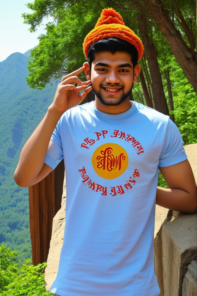 18 years old boy walking and hanuman coming after him and hanuman's hand putting on Boy head on mountains. Both are smiling. boy is wearing saffron t-shirt and name "varundev" write on it with bold. he looks very realistic, cute, tilak Deccan on your head, and happy. very realistic pictures, high quality picture, realistic mountain, forest moment.sun lights reflection , the words"Happy Hanuman Janmotsav" write top Sky. make sure text must be correct & Visible.