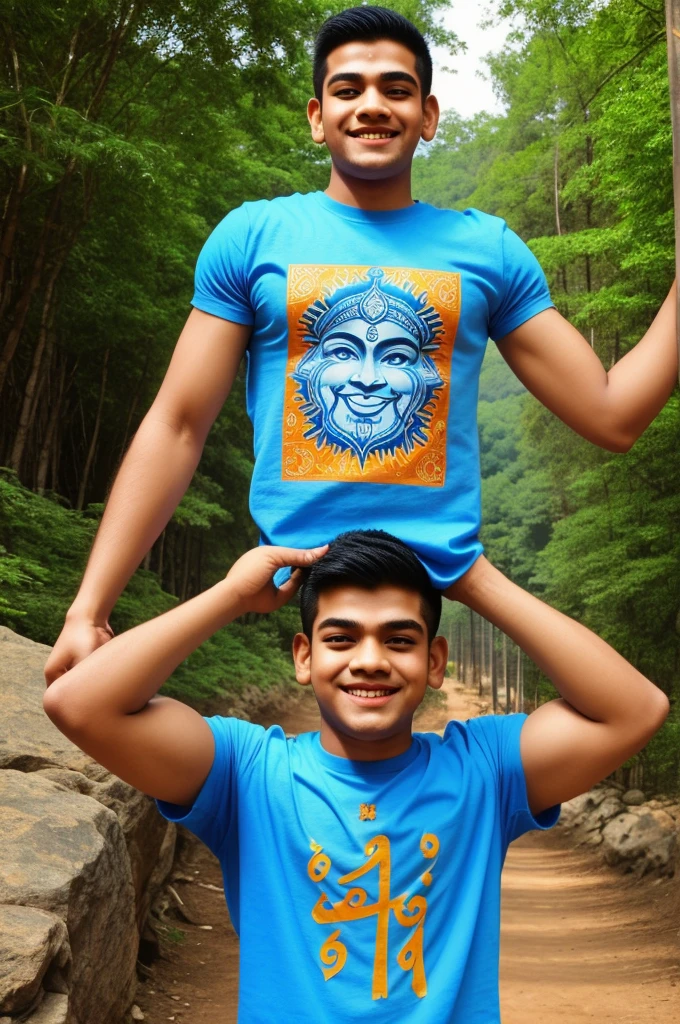 18 years old boy walking and hanuman coming after him and hanuman's hand putting on Boy head on mountains. Both are smiling. boy is wearing saffron t-shirt and name "varundev" write on it with bold. he looks very realistic, cute, tilak Deccan on your head, and happy. very realistic pictures, high quality picture, realistic mountain, forest moment.sun lights reflection , the words"Happy Hanuman Janmotsav" write top Sky. make sure text must be correct & Visible.