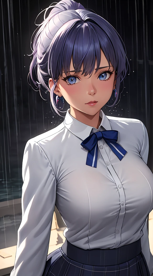 (best quality:1.5, highres, UHD, 4K, detailed lighting, shaders), white and blue haired, gradient hair, large breasts, suit, gray shirt, social shirt, short skirt, mature woman , (pov), white background, colorful eyeshadow, dramatic lighting, sparkling eyes, sensual expression, golden earrings, flowing hair, delicate facial features, dark skin, high cheekbones, raining, urban setting, white background, dont look for the camera, lean forward, wet by the rain.