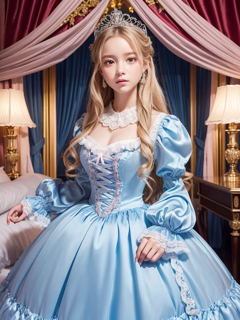 highest quality, masterpiece, highest resolution, artwork, super それにget used to it, many get used to it, get used to it, それにget used to it, 3k realistic pictures,,(( girls)),Ultra-detailed juvenile face,ultra-detailed beautiful little girls,girlsrincess,full length ball gown dress with hoop skirt,ruffled yoke collar,puff sleeves,long sleeve,((Lolita style light blue detailed princess satin dress with lots of ruffles and ribbons)),Rococo style lolita fashion,shiny satin dress,Soft and smooth fabric,detailed princess dress,luxury,long blonde hair,blue eyes,white skin european,Pajama,((in the bedroom of the palace)),luxury princess canopy king size pink bed,shiny satin sheets,ultra-detailed princess bed,High-quality background,lot of frilled pillows,on the bed,