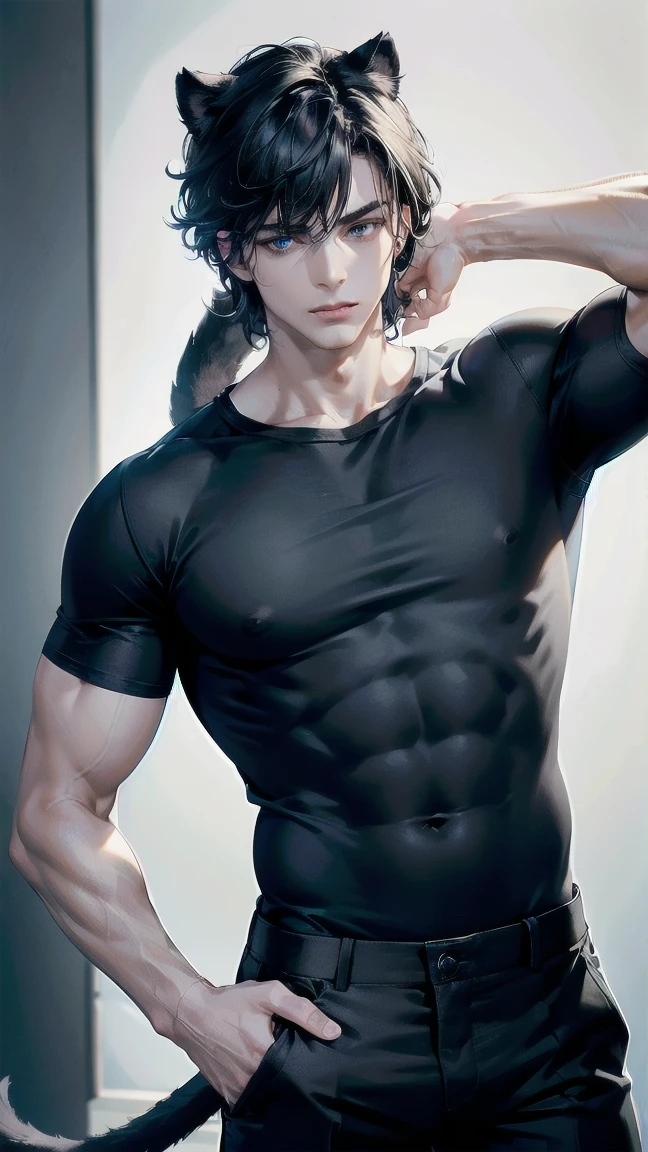 Masterpiece, Superior picture quality, high resolution, 4K images, man ,Hair set with a middle part, black hair. ,white skin, Dark blue eyes, Very detailed eyesight, height, The body is muscular., Any color shirt with the sleeves rolled up., black pants ,It has the ears and tail of a panther.