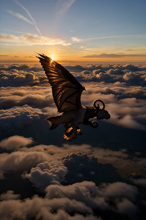 Chimera flying above the clouds watching the sunrise as the sun begins to rise