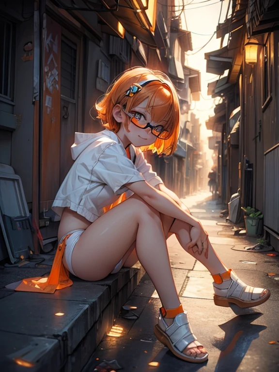 todler, a 4 year old girl, short light orange hair, beautiful orange eyes, smiling, ahegao expression, glasses, white panties, sitting, dark alley at night, pov view, 1girl, cute, adorable, dramatic shadows, moody atmosphere, neon signs