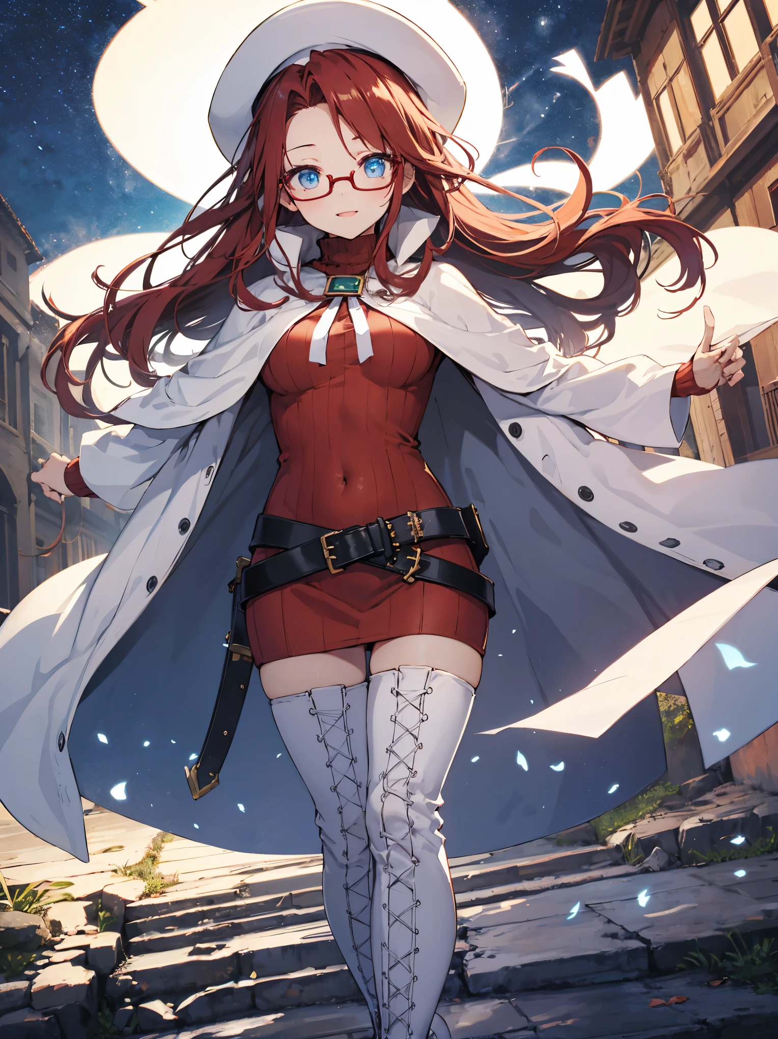 summonnightaty, aty, (young:1.3),long hair, blue eyes, red hair, big_tits, hat, glasses,
BREAK long hair, thighhighs, hat, dress, naked_legs, glasses, belt, cape, sweater, zettai ryouiki, beret, thigh boots, white footwear, ribbed sweater, loose belt,solo,
BREAK outdoors, fantasy,
,Highquality_hads,perfect_fingers,
BREAK (masterpiece:1.2), best quality, high resolution, unity 8k wallpaper, (illustration:0.8), (beautiful detailed eyes:1.6), extremely detailed face, perfect lighting, extremely detailed CG, (perfect hands, perfect anatomy),covered_nipples,covered_navel ,half_eyes,long_sword,sleepy_eyes,red_sweater,apart_knees,magical_effect,spread_legs, have_a_book,teacher,rise_knee,Smile,rise_hand,look_down_viewer,spread_arms,,looking_into,plump,open_mouth, dynamic_posing,solo,in_Emodern_town_landscape,night_sky,solo