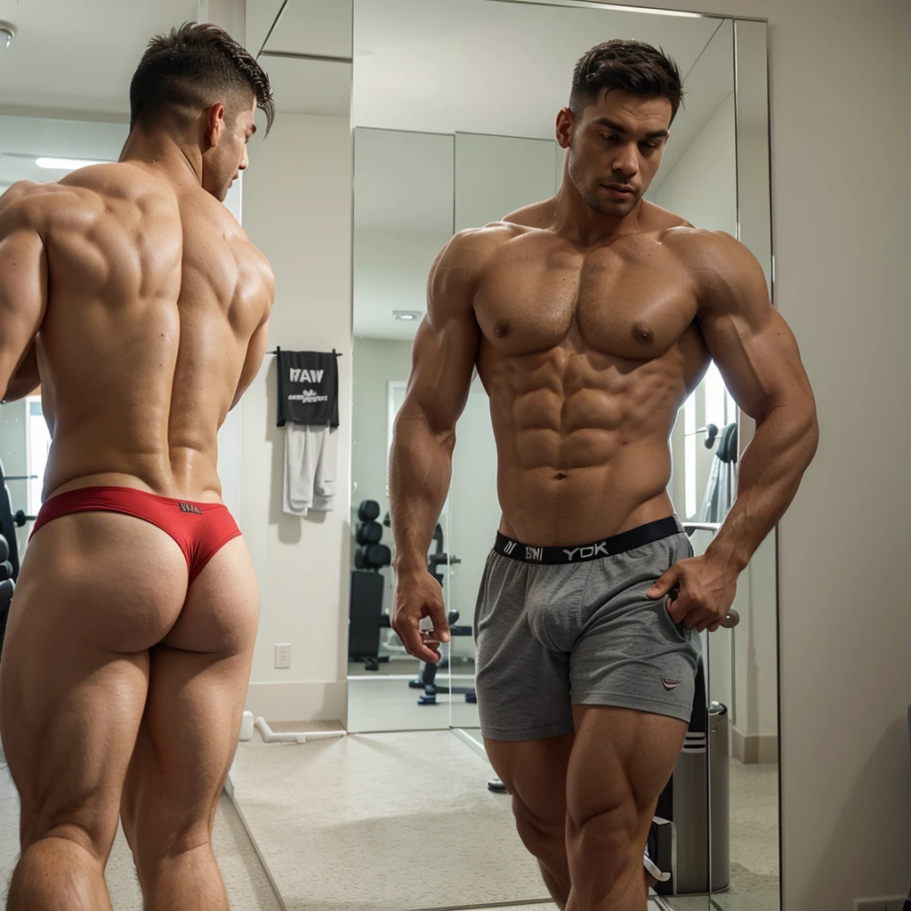 Muscular man showing off his muscles in the mirror of the gym while wearing his underwear. There are other muscular men walking behind gym epquickment in underwear