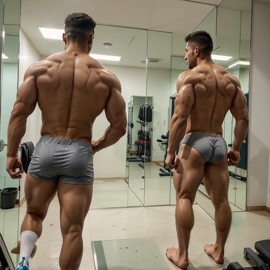 Muscular man showing off his muscles in the mirror of the gym while wearing his underwear. There are other muscular men walking behind gym epquickment in underwear
