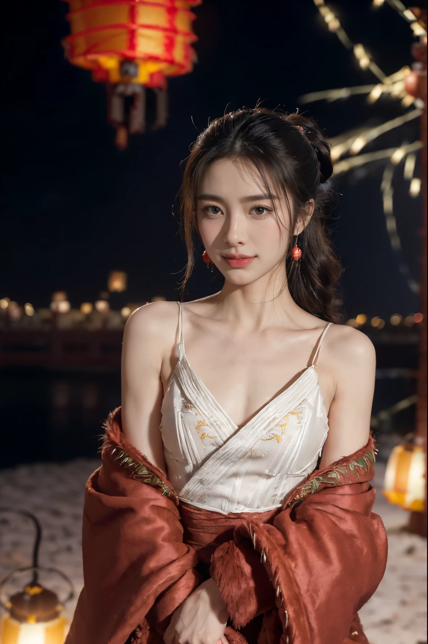 ((((8k))),((Extremely meticulous CG)) ,(wallpaper),16k,((Extremely refined and beautiful)),(((Masterpiece))),(((best qualtiy))),(((Ultra High Resolution))),beautiful light up,Perfect lightning,realistic shaded,[A high resolution],(Smooth and flawless fair skin:1.5),(pale skin:1.3),Extremely exquisite facial details,(perfect body:1.1),ultra-detailed,A beautiful girl,solo,(small head:1.2),(short ponytail:1.1),(small face:1.2),Exquisite makeup,(small :1.2),(flat chests:1.2),((slim,thin)),happy,(smile:1.2),(fur collar:1.2),(Gorgeous Exquisitely embroidered fur edged red robe:1.5),(red hakama:1.2),(night scene:1.3),(bright full moon:1.3),(outdoor:1.2),(On the street:1.3),(In ancient Chinese town:1.3),(detailed background:1.5),(standing:1.3),(arms behind back:1.3),(close-up of face:1.3),(from front:1.3),(surrounded by crowded crowds:1.5),(winter:1.3),(many lanterns:1.3),(the sky is full of fireworks:1.3)