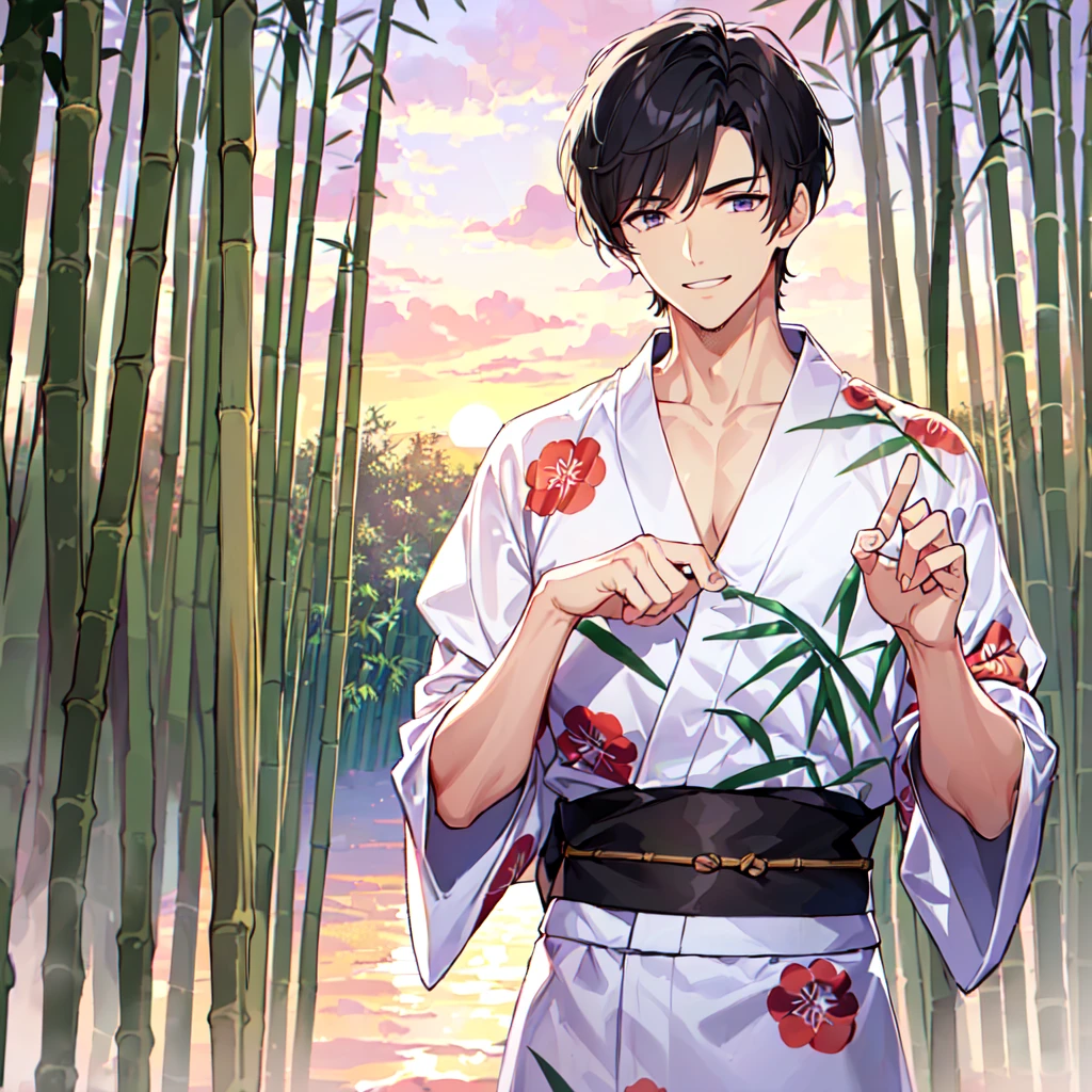 masterpiece,best quality,high quality,(1 male austere handsome solo adult age 30:1.5), purple eyes, cool with drooping eyes, V-shaped eyebrows, body strong and fearless 8.5 head tall, height 185cm, (well-groomed short black hair down to neck:1.4), (bangs 7 thirds parted:1.4), slender nose, facial muscles, throat, (Japanese print summer yukata with short sleeves and pants:1.3), (stylish pose), (cool smile:1.3), (bamboo forest in background:1.3), (sunset:1.3), (upper body:1.3)