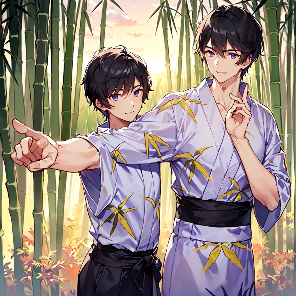 masterpiece,best quality,high quality,(1 male austere handsome solo adult age 30:1.5), purple eyes, cool with drooping eyes, V-shaped eyebrows, body strong and fearless 8.5 head tall, height 185cm, (well-groomed short black hair down to neck:1.4), (bangs 7 thirds parted:1.4), slender nose, facial muscles, throat, (Japanese print summer yukata with short sleeves and pants:1.3), (stylish pose), (cool smile:1.3), (bamboo forest in background:1.3), (sunset:1.3), (upper body:1.3)