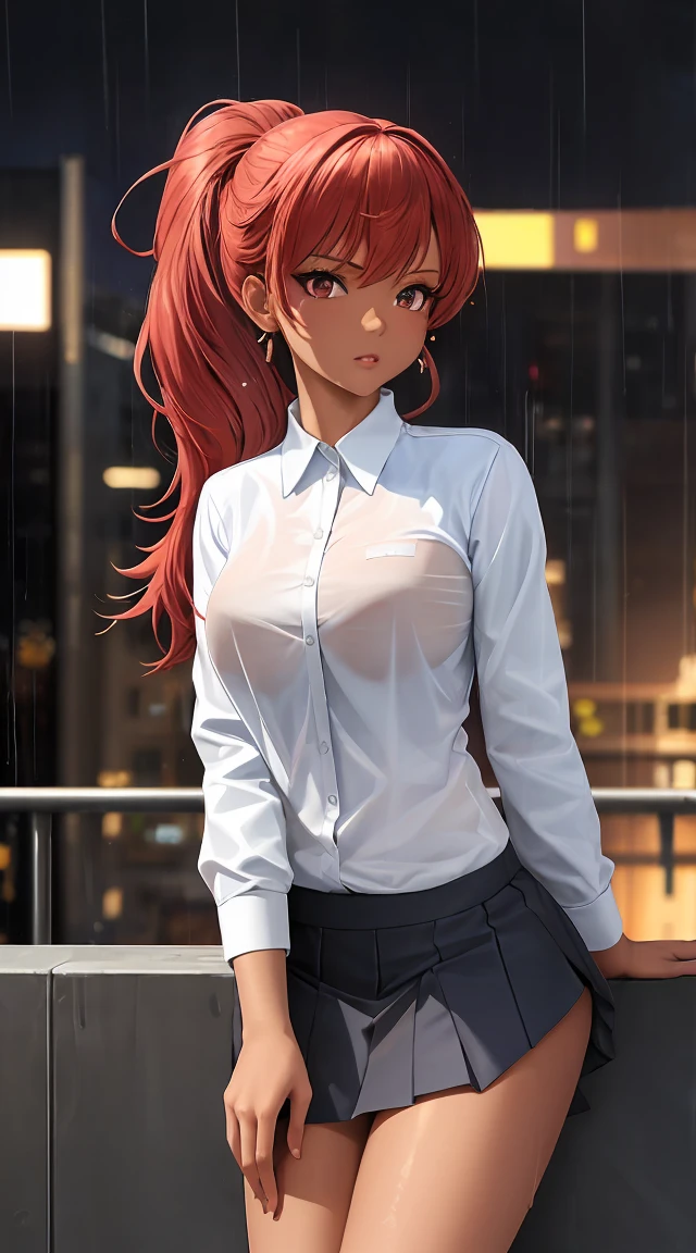 (best quality:1.5, highres, UHD, 4K, detailed lighting, shaders), white and red haired, gradient hair, large breasts, suit, gray shirt, social shirt, short skirt, mature woman , (pov), white background, colorful eyeshadow, dramatic lighting, sparkling eyes, sensual expression, golden earrings, flowing hair, delicate facial features, dark skin, high cheekbones, raining, urban setting, white background, dont look for the camera, lean forward, wet by the rain.
